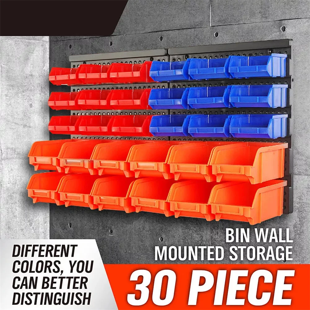 

Wall Mounted Storage Bins 30-Bin Parts Rack Organizer Garage with Wall Panels Hooks Plastic Shop Tool for Screw Nails