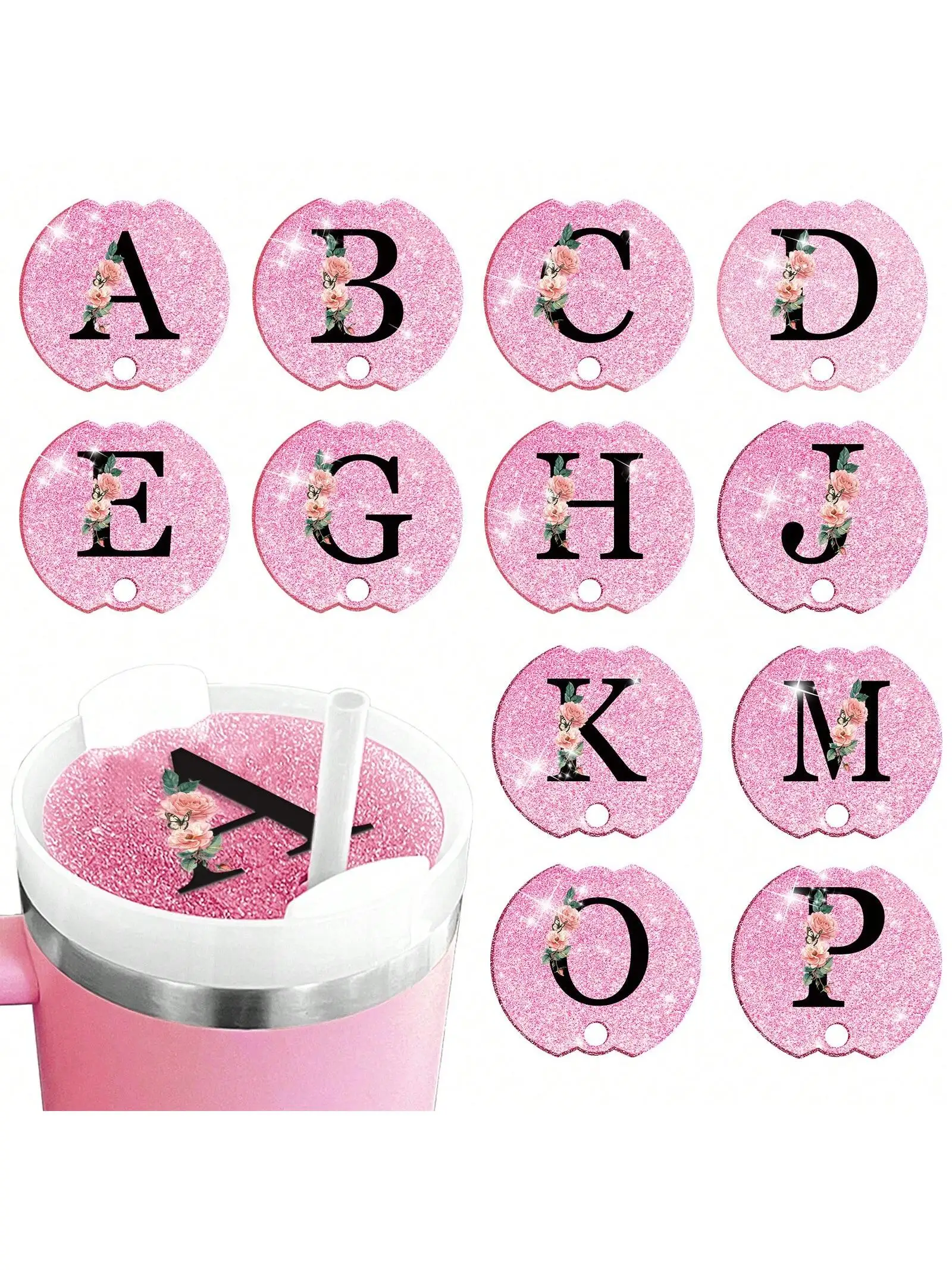 Pink letter nameplate, A-Z initials, convenient for carrying sparkling decorative business cards, can be attached to water bottl