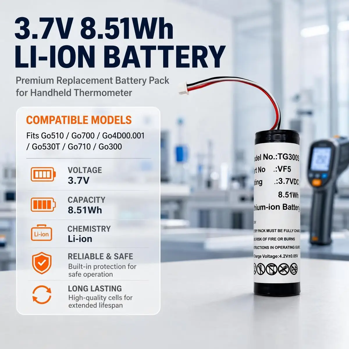 3.7V 8.51Wh Li-ion Battery Pack Fit Handheld Thermometer Go510 Go700 Go4D00.001 Go530T Go710 Go300