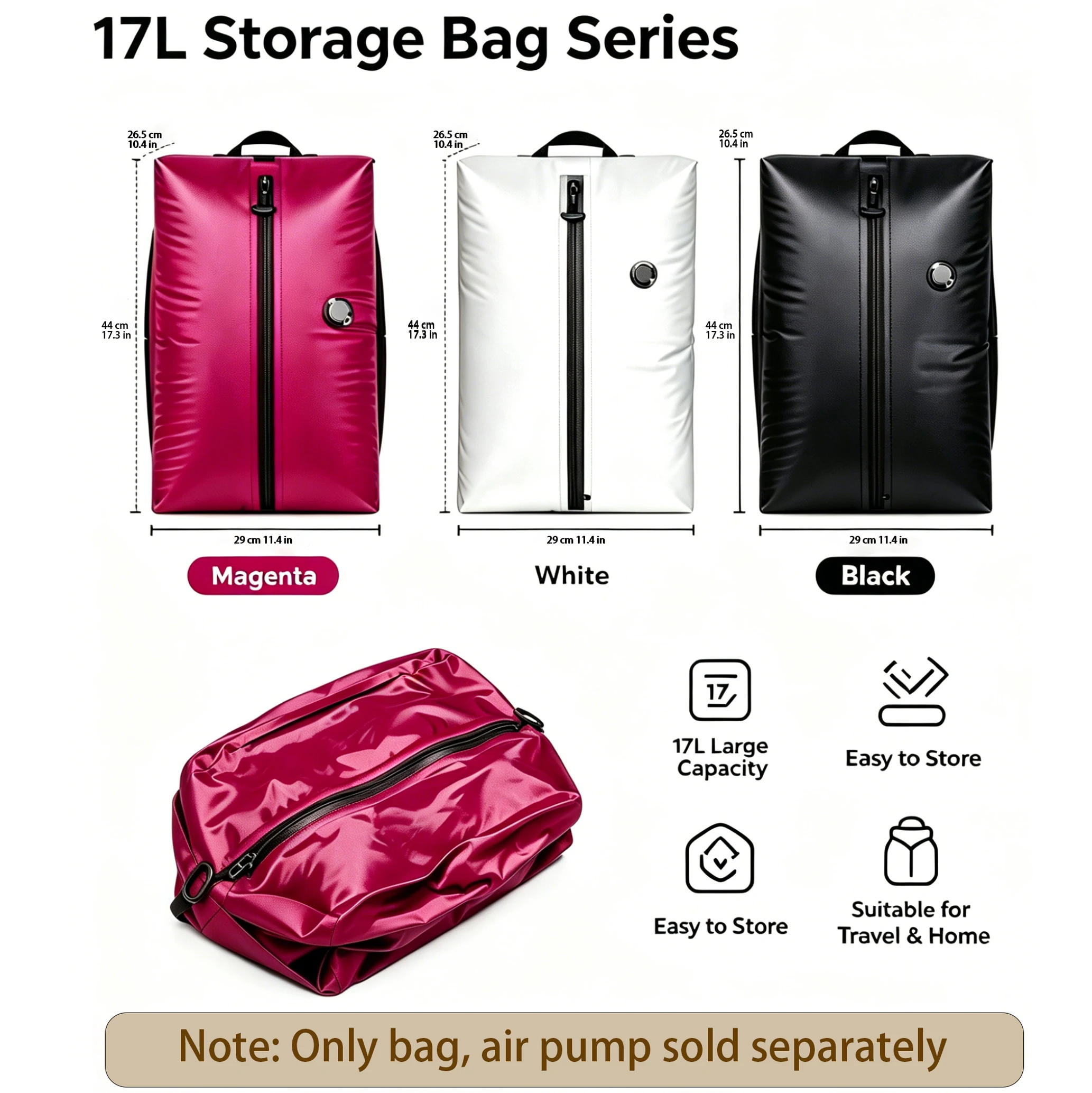 Vacuum Storage Bags Packing Cube IP67 Waterproof PU Polyester 17L Soft Portable White Black Pink Travel Bag Pump Sold Separately