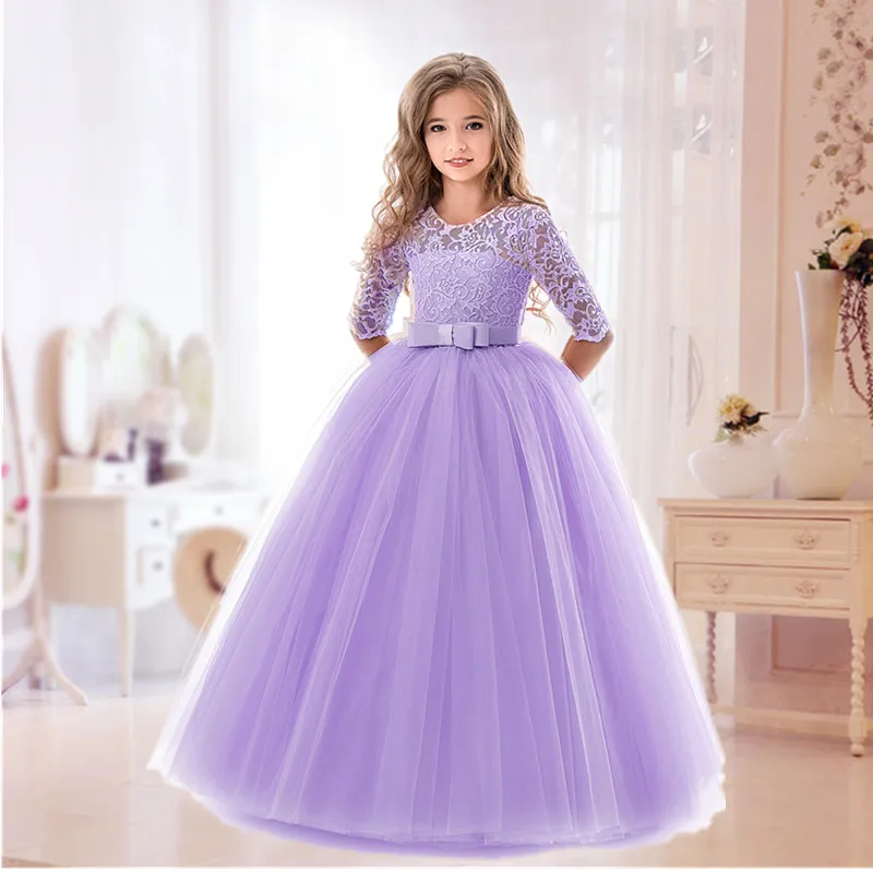 Teenage Girls Party Dress Lace Flower Half Sleeve Events Costume 6 8 12 14 Ys Bridesmaid Clothes for Wedding Kids Gala Long Gown