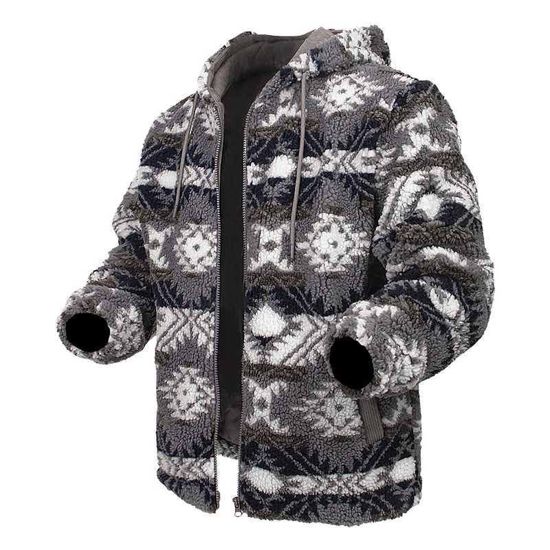 Men's Winter Polar Fleece Jacket Retro Style Fluffy Plush Casual Outwear - Harajuku Print Coats Streetwear
