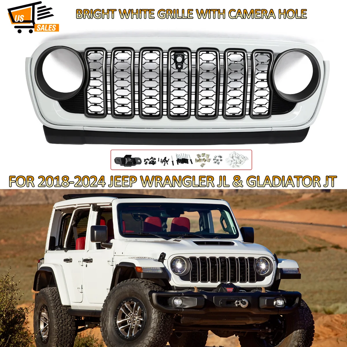 

Front Bumper Upper Grille for Jeep Wrangler JL & Gladiator JT 2018 2019 2020 2022-2024 Radiator Honeycomb Grill Mesh White