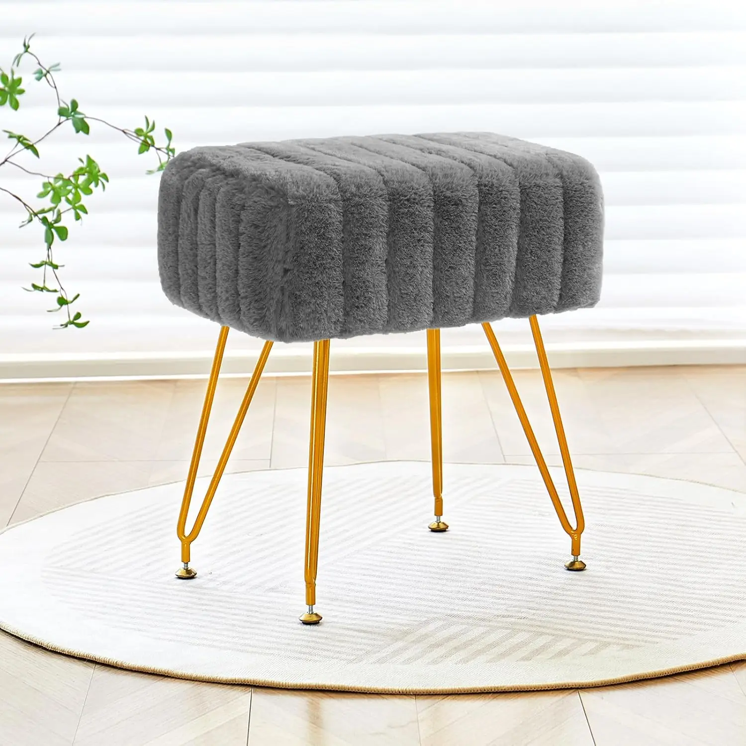 

Rectangular Vanity Stool, Makeup Vanity Chair With Golden Metal Legs & Adjustable Feet, Soft Padded Seat Ottoman Foot Stool For