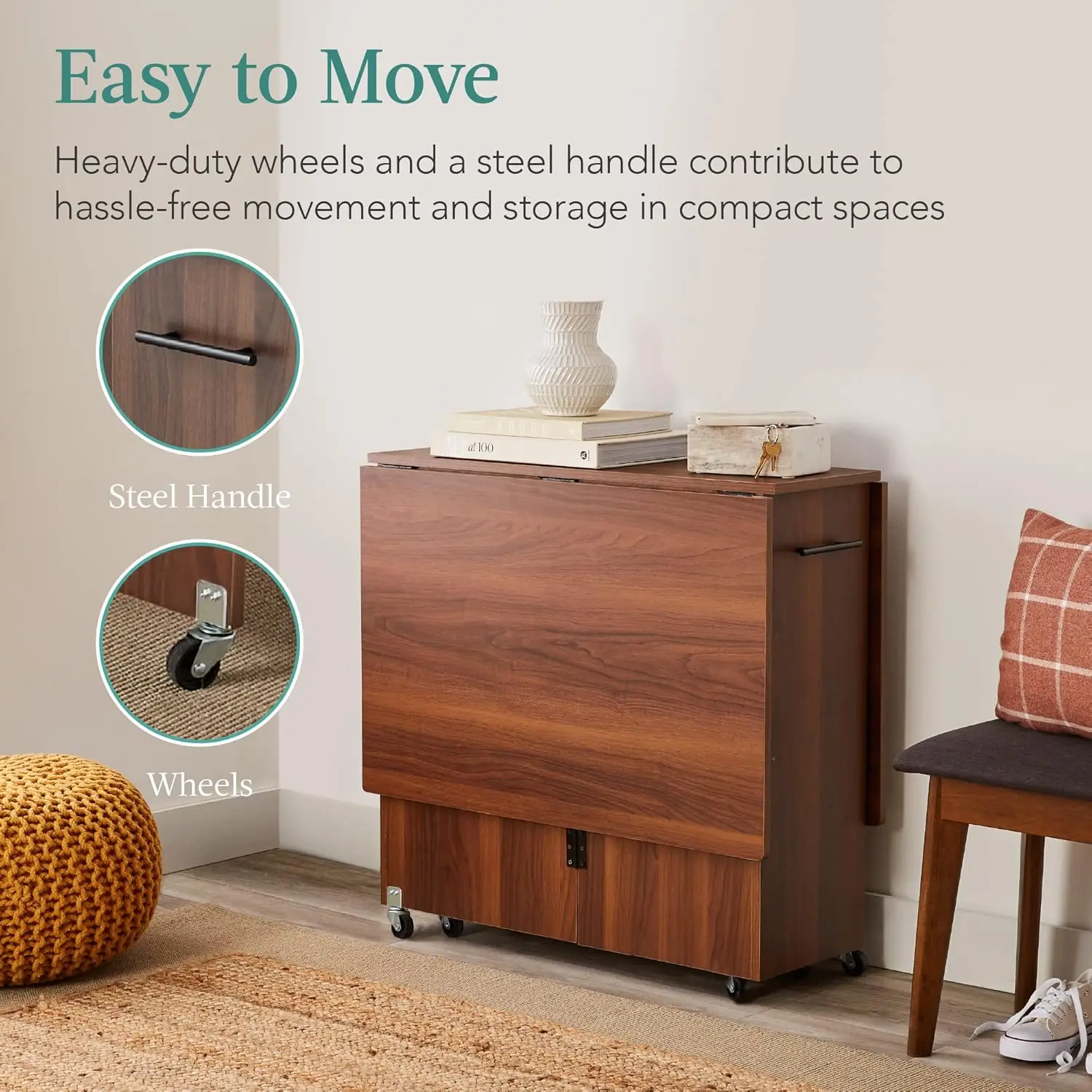 Folding Dining Table, Multipurpose Space Saving Collapsible Drop Leaf Extension Desk w/Wheels, 3 Storage Shelves - Brown