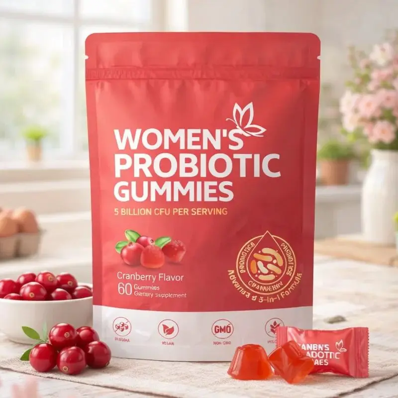 

Жевательные конфеты с пробиотиками для женщин – 5 миллиардов КОЕ, со вкусом клюквы, 60 штук. Поддерживают здоровье пищеварения и иммунную функцию. Без ГМО, веганские.