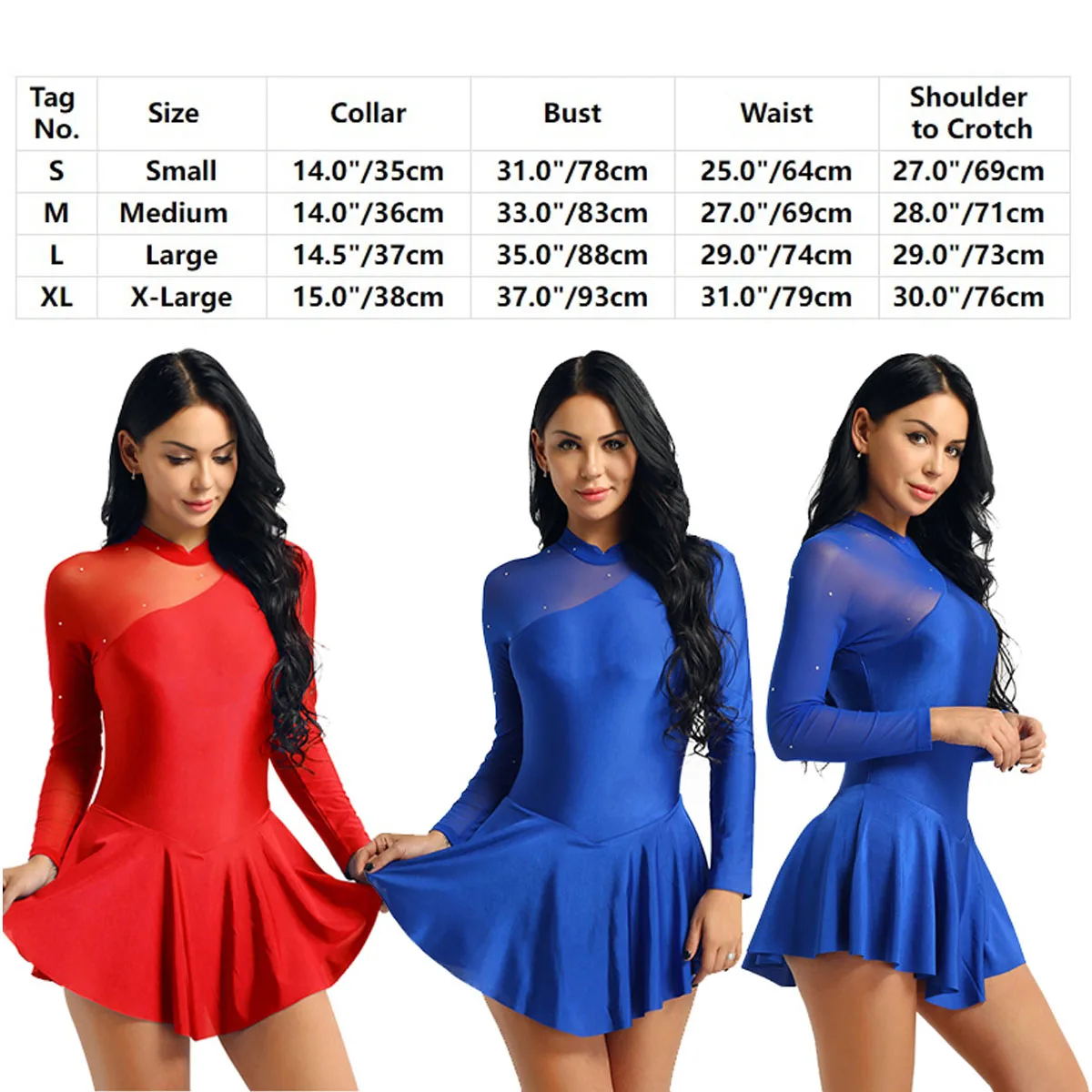 Women Adult Long Sleeve Figure Skating Dress Shiny Rhinestone Sheer Mesh Tutu Ballet Gymnastics Dance Leotard Dress Dancewear