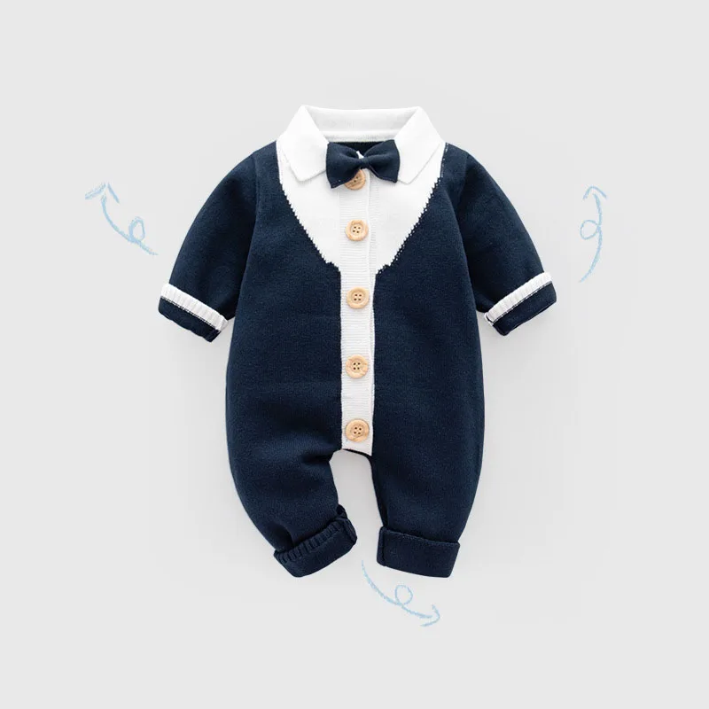 Spring Autumn Newborn Boys Bodysuit Fake Two Pieces Bowknot Patch Infant Boy Romper British Style 100% Cotton Baby Boys Jumpsuit