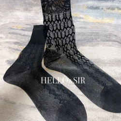 Men Black Nylon Stockings Sexy Ultra Thin Sheer Mid Tube Socks for Man Vintage Jacquard See Through Business Formal Dress Socks