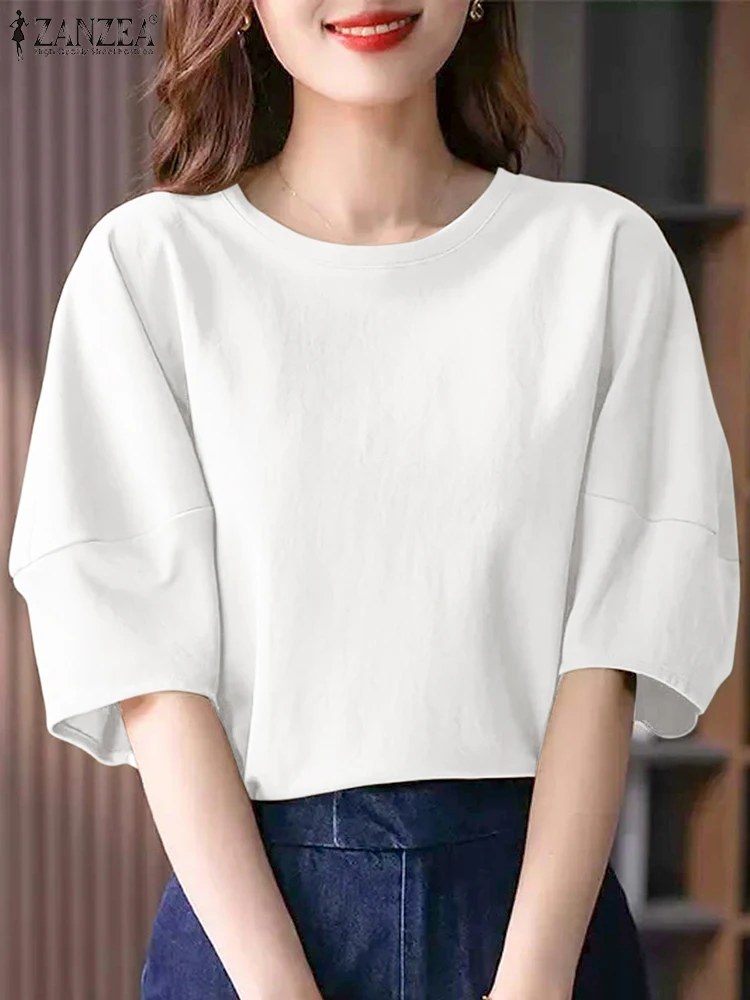 

ZANZEA 2025 Summer Puff Sleeve Elegant Blouse Women Basic Round Neck Tops Blusas Solid Holiday Shirts Casual Loose Tunics Femme