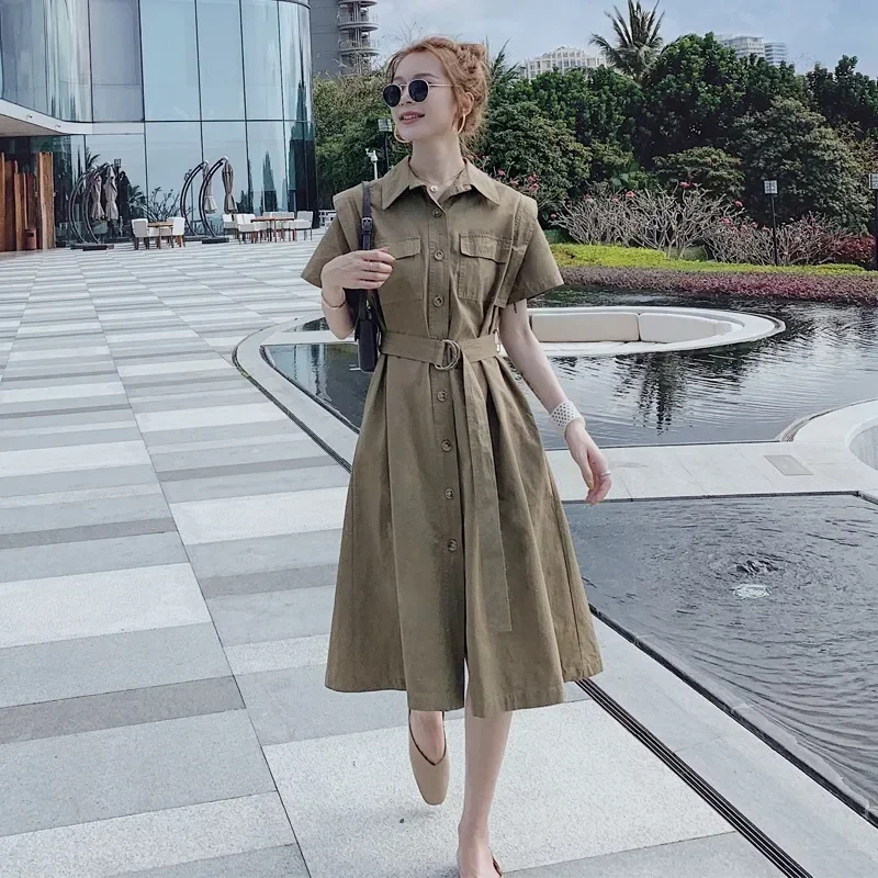 Ladies Khaki Polo Neck Dress, Summer Design, Niche, Slim-Looking Waistline Shirt, A-line Skirt