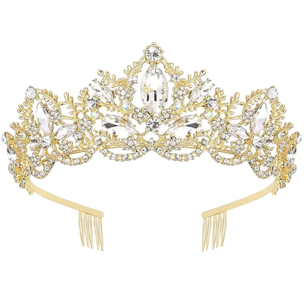 Tiara y Corona Dorada para Mujer, Diadema de Cristal con Peineta, Adorno de Pelo de Princesa con Pedrería para Niñas, Accesorios para el Cabello de Boda