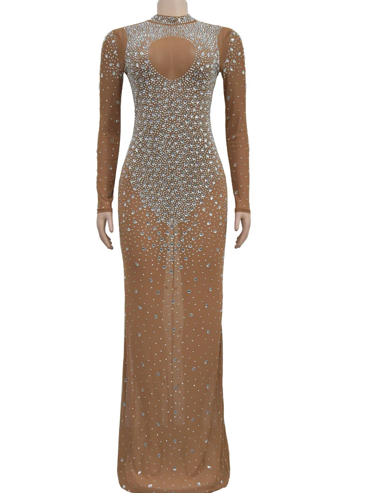 Beyprern Beautiful Brown Cut-Out Long Sleeve Crystal Mesh Sheer Evening Dress Glam See-Through Diamonds Party Dresses Outfits