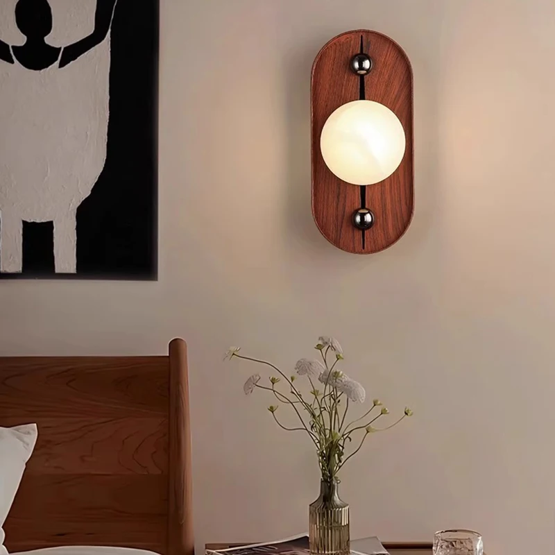White Stone Wall Lights Modern Wood Grain Metal Base Wall Lamp Bedside Hallway Entryway Cafe Hotel Parlor Mood Light