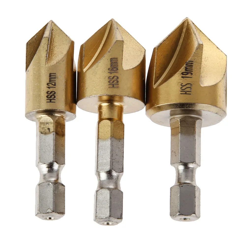3 PCS Countersink Drill Bit Set 90 Degree 5 Flute 1/4 Inch Hex Shank HSS Hex Chamfer Boring Drill for Wood Metal Plastic