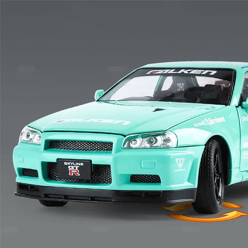 1:24 日産スカイラインアレス GTR R34 合金スポーツカーモデル Diecasts メタルトラックレーシングカー車両モデルサウンドライト子供のおもちゃのギフト
