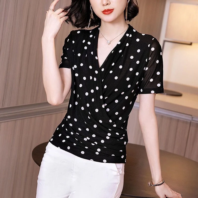 Elegant Polka Dots Mesh Office Ladies Basic Tops Women Spring Summer V-neck Long Sleeve All-match Slim Temperament Blouse Shirts