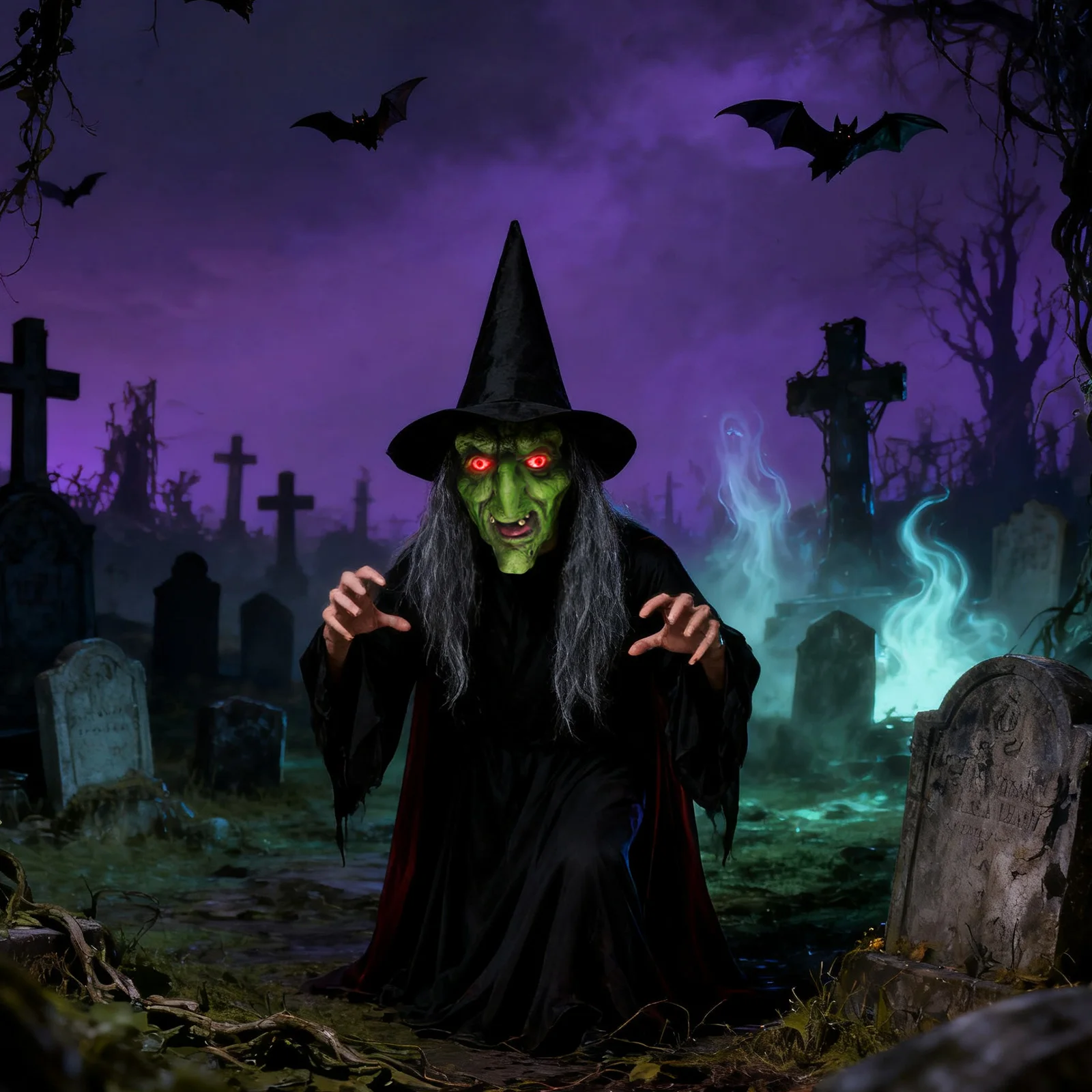 หน้ากากแม่มดโบราณสำหรับฮาโลวีน สีเขียวน่ากลัว หน้ากากแม่มดผู้แก่พร้อมผม หมวก แว่นตา เรืองแสง อุปกรณ์ประกอบคอสเพลย์ ชุดแม่มดสยองขวัญ แต่งหน้า