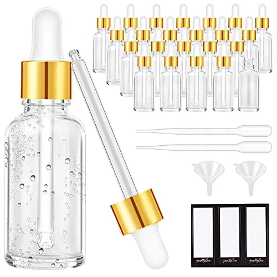

Glass Eye Dropper Bottles 24 Pack, 1oz 30ml Clear Empty Thick Bottles Bulk with Leakproof Golden Caps - With Labels and Funnels