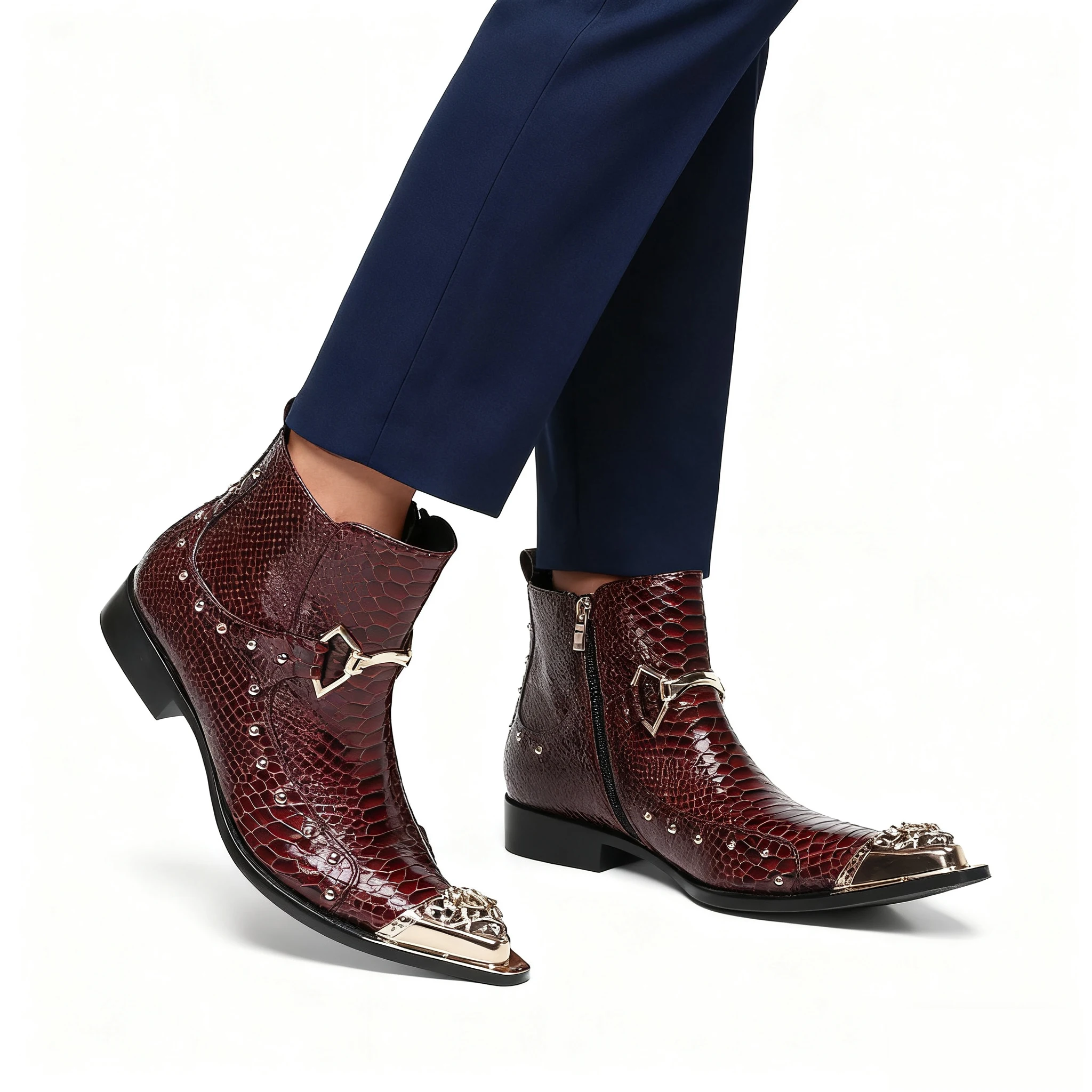 فاسق ريترو جلد الثعبان حذاء من الجلد الرجال المعادن أشار تو برشام فستان أحذية فاخرة روك نمط حفلة أحذية غير رسمية