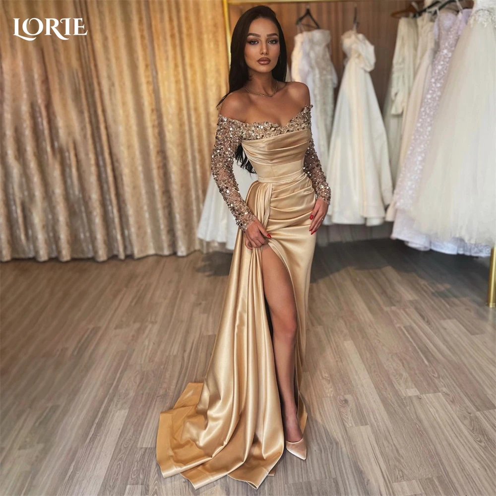 LORIE Glitter Champagne Mermaid Evening Dress Sparkly Off Shoulder Pleats Prom Dress Sexy High Slit Bride Party Gown Customized