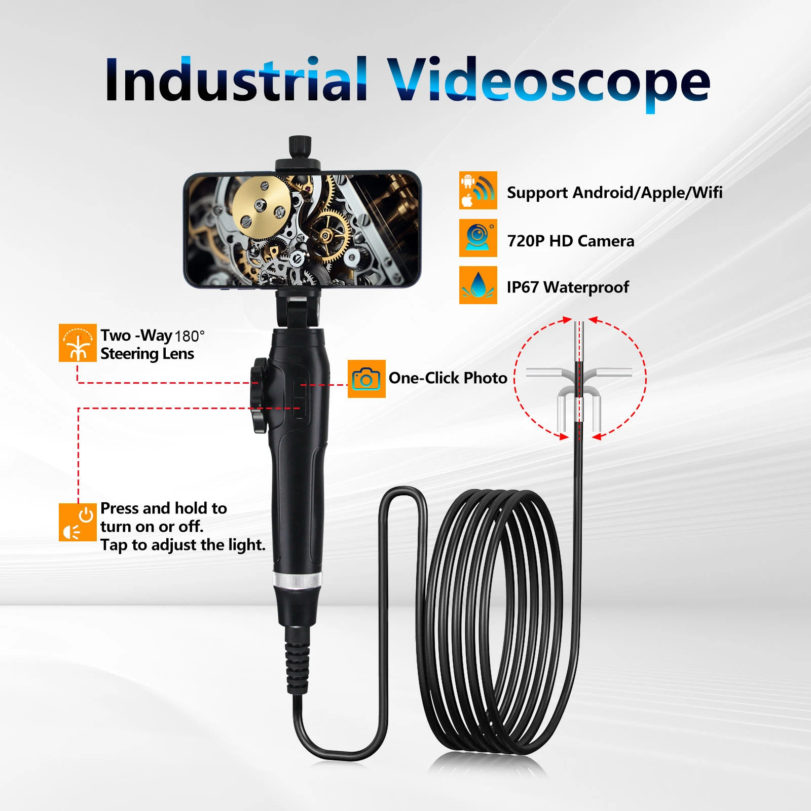 1/2Meter Bi-Direction Rotating Endoscope Camera Handheld Snake Inspecion Camera for Pipe Line Articulating Borescope
