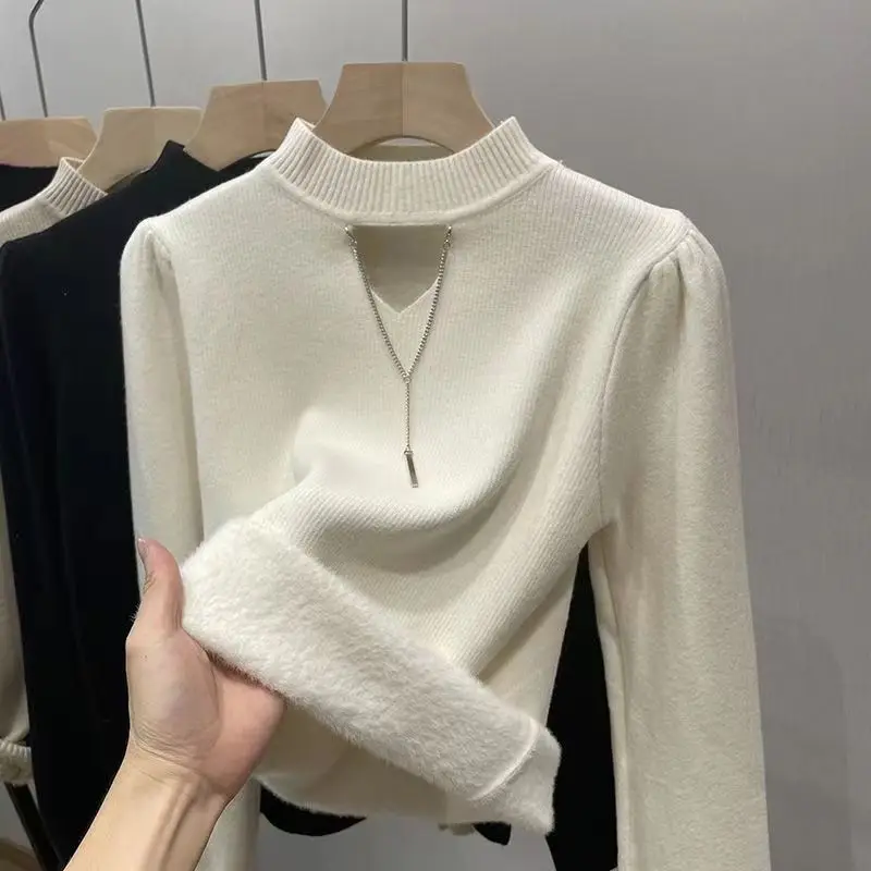 

Autumn And Winter Half Turtleneck Pullover Sweater Women Elegant Thicken Velvet Lined Warm Sueter Knitted Jersey Knitwear Jumper