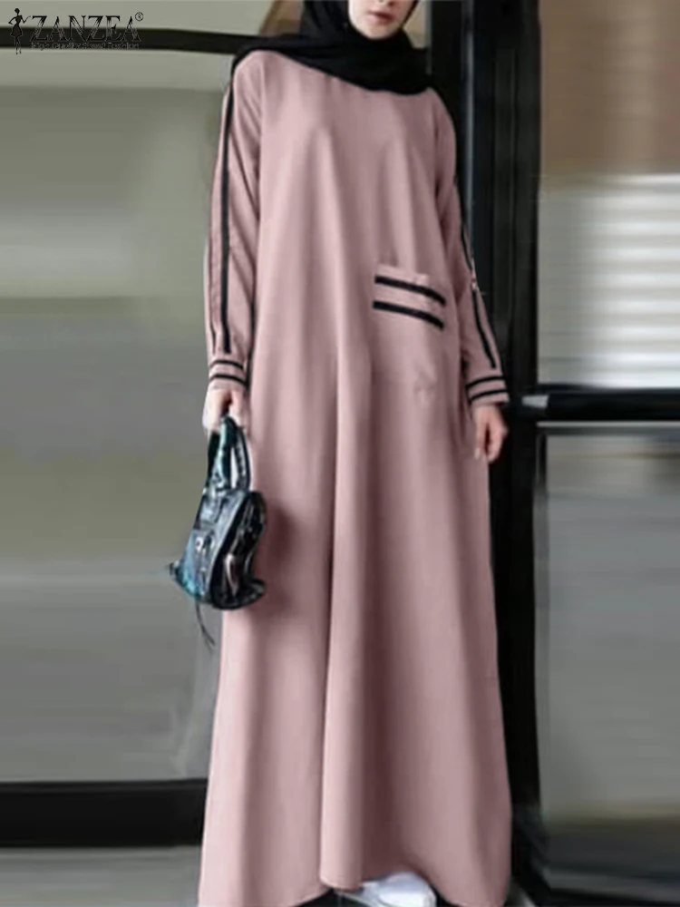 ZANZEA-vestido de verão muçulmano para mulheres, Turquia Abaya, vestido maxi de manga comprida, roupa feminina islâmica, vestidos de moda, outono