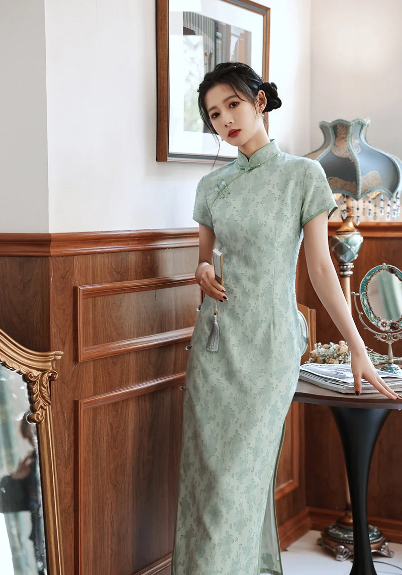 New Double layered Chiffon Jacquard Eight Button Long Cheongsam Improved Retro Daily Casual Dress Elegant Chiffon Qipao