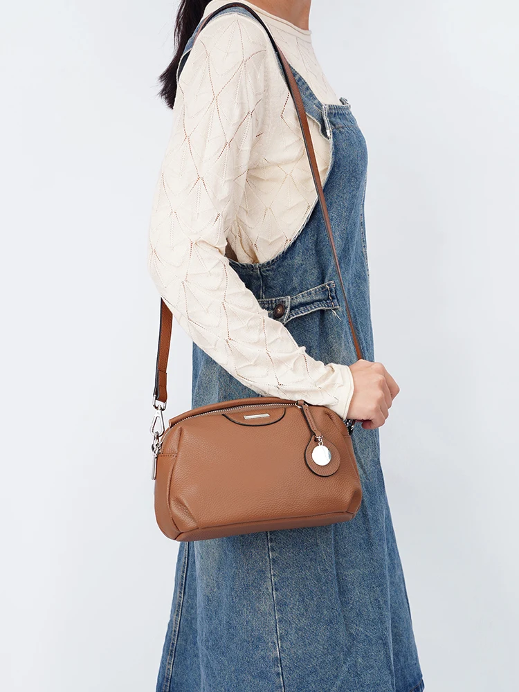 Zency Women Leather Shoulder Bag Travel Crossbody Bag Vintage Style Designer Handbags 2026 Trend Oval bag Double Zip Pockets