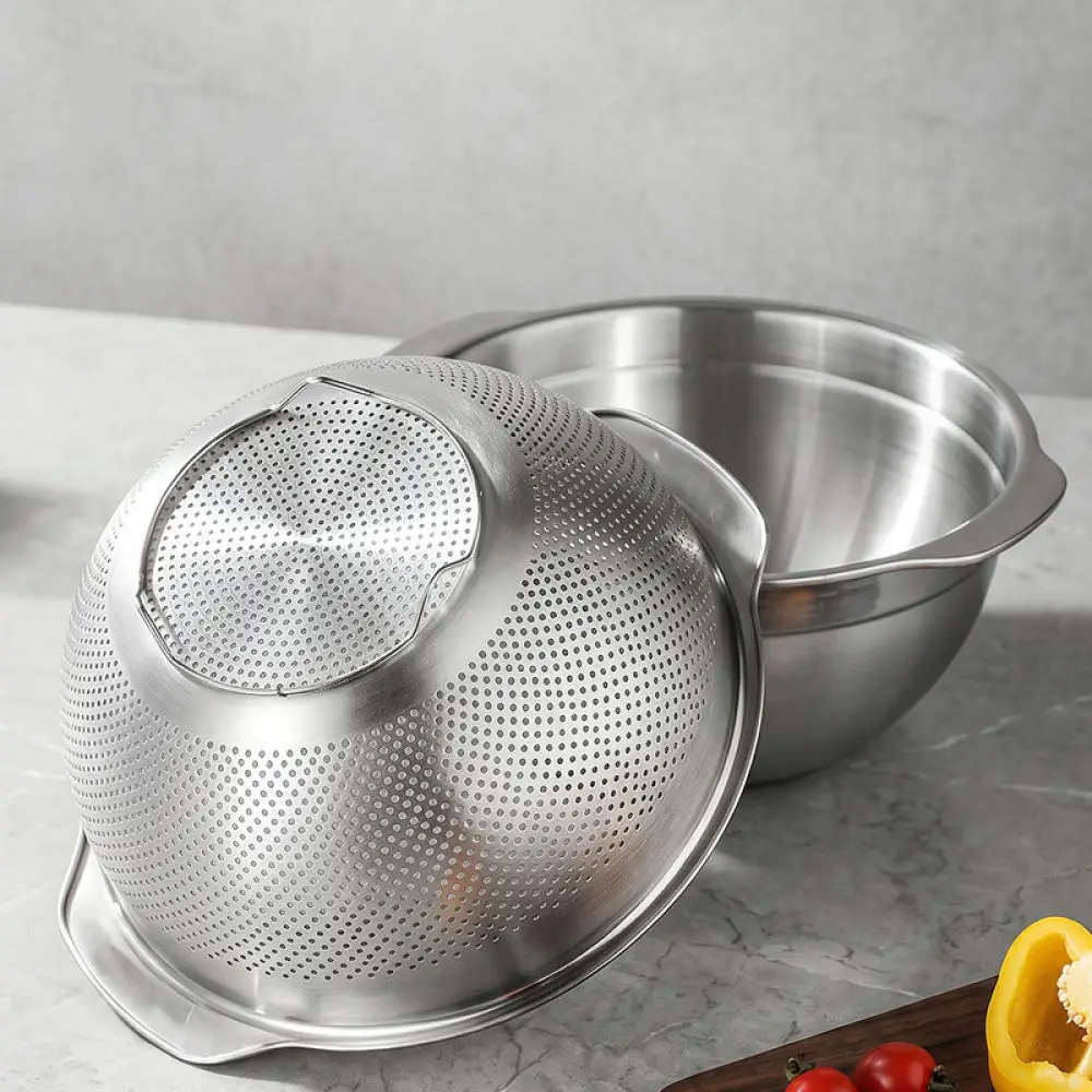 304 Stainless Steel Draining Basket Kitchen Vegetable Fruit Washing Bowl Colander Basin Double Side Handle Food Tool