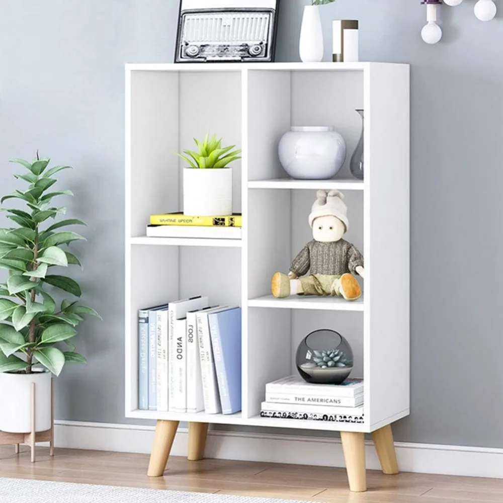 

IOTXY Wooden Open Shelf Bookcase - 3-Tier Floor Standing Display Cabinet Rack with Legs, 5 Cubes Bookshelf, Warm White