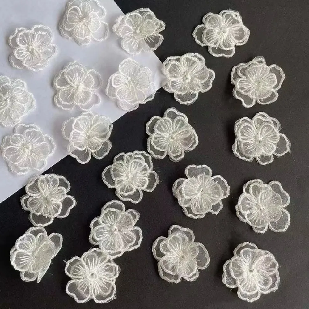 �y�Z�[�����z10Pcs 4CM Organza Fabric Floral Appliques 3D Embroidered Chiffon Clothes Rose Translucent White Gold DIY Sewing Craft Decoration