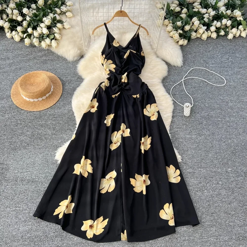 TWOTWINSTYLE New Floral Printted Chic Dress For Women V Neck Sleeveless High Waist Temperament Dress Female Fashion KDR523817