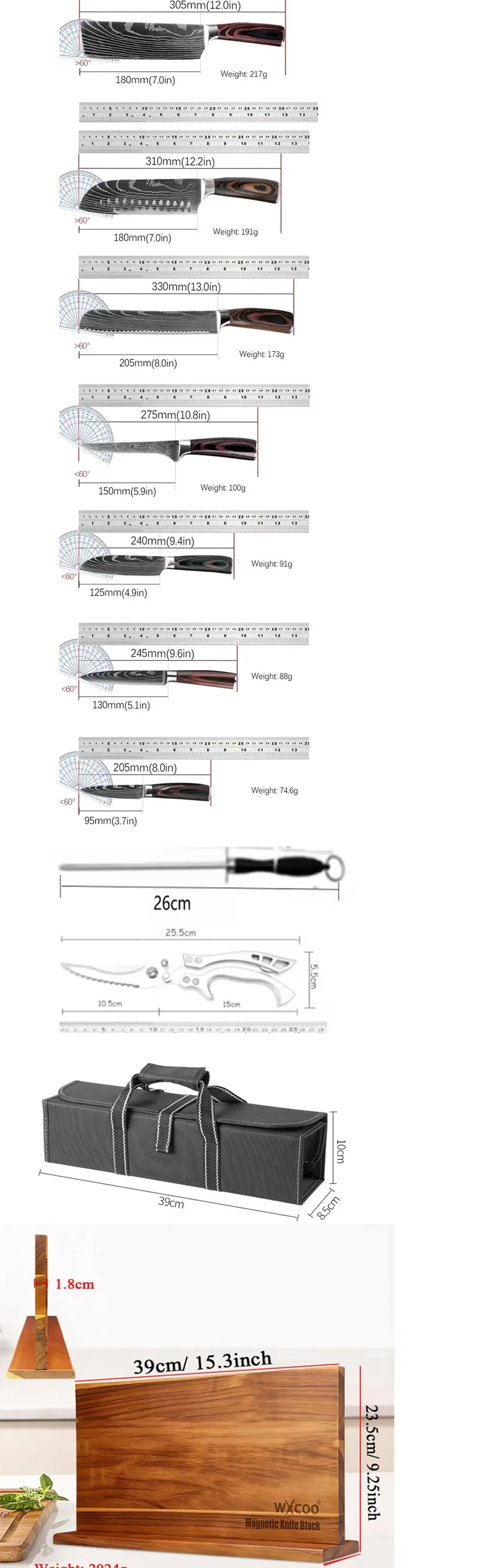 Damascus Pattern Kitchen Knives VG10 Steel Fish Fillet Boning Knife Meat Cleaver Fruit Peeler Utility Cutter with Knife Bag