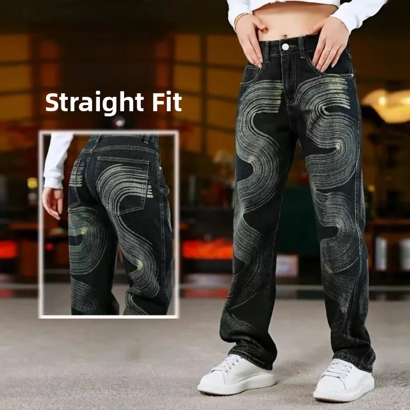 

Retro American Washed Printed Jeans Men's Trendy High Street Loose Straight Casual Pants High End Long Trousers