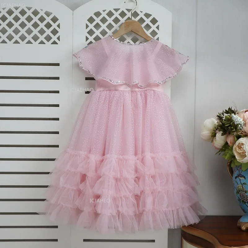 Pink Dresses Girls Spaghetti Strap Puffy Tulle Tiered Dress Children Princess Ball Party Pageant Evening Wear Gown Cape Birthday