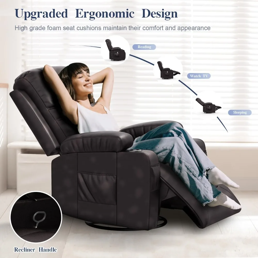 Recliner Chairs Adults, Swivel and Rocking Recliner Heat and Vibration, Leather Ergonomic Single Sofa Chair Living Room