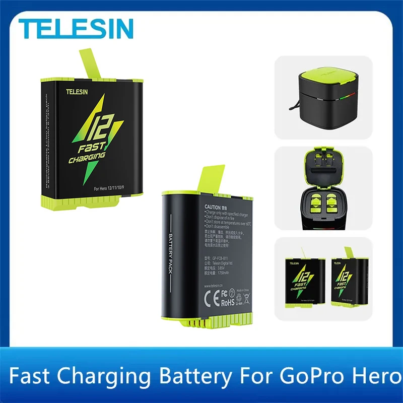 TELESIN Fast Charging Battery 1750 mAh For GoPro Hero 12 11 10 9 Optional 2 Ways Fast Charger Box TF Card Storage For GoPro Came