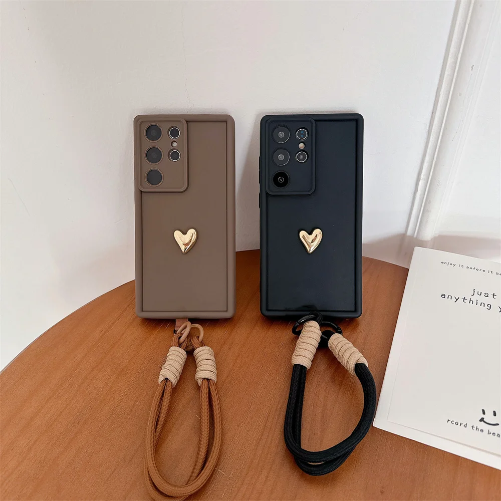 3D Gold Heart Love Wrist Strap Case For Samsung Galaxy S25 S26Ultra S23 S22 Plus S24 S21 FE Note 20 A56 A55 A36 A35 A26 A16