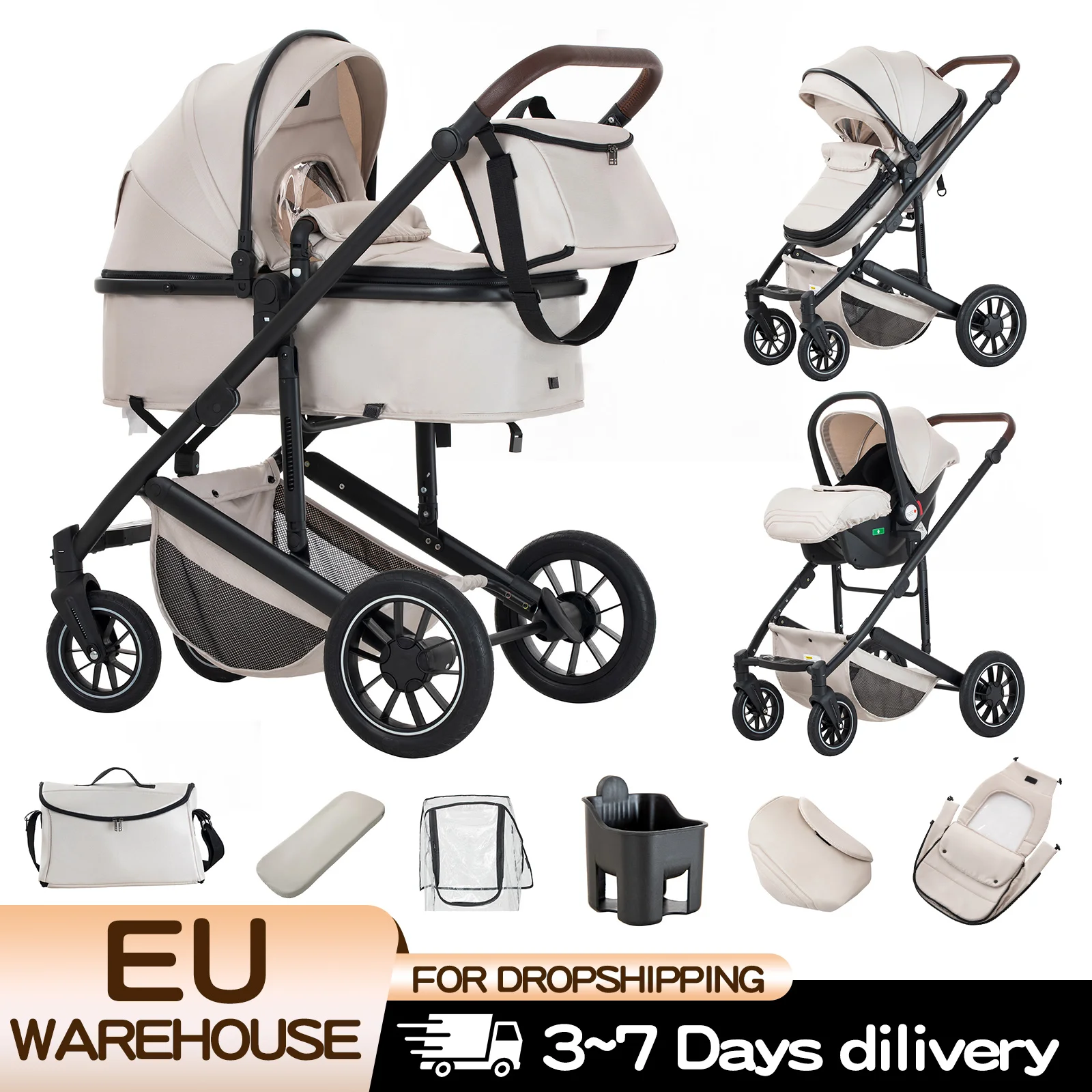 Poussette de luxe 3-en-1 avec siège auto pour nouveau-né, landau tout-terrain, poussette de voyage p