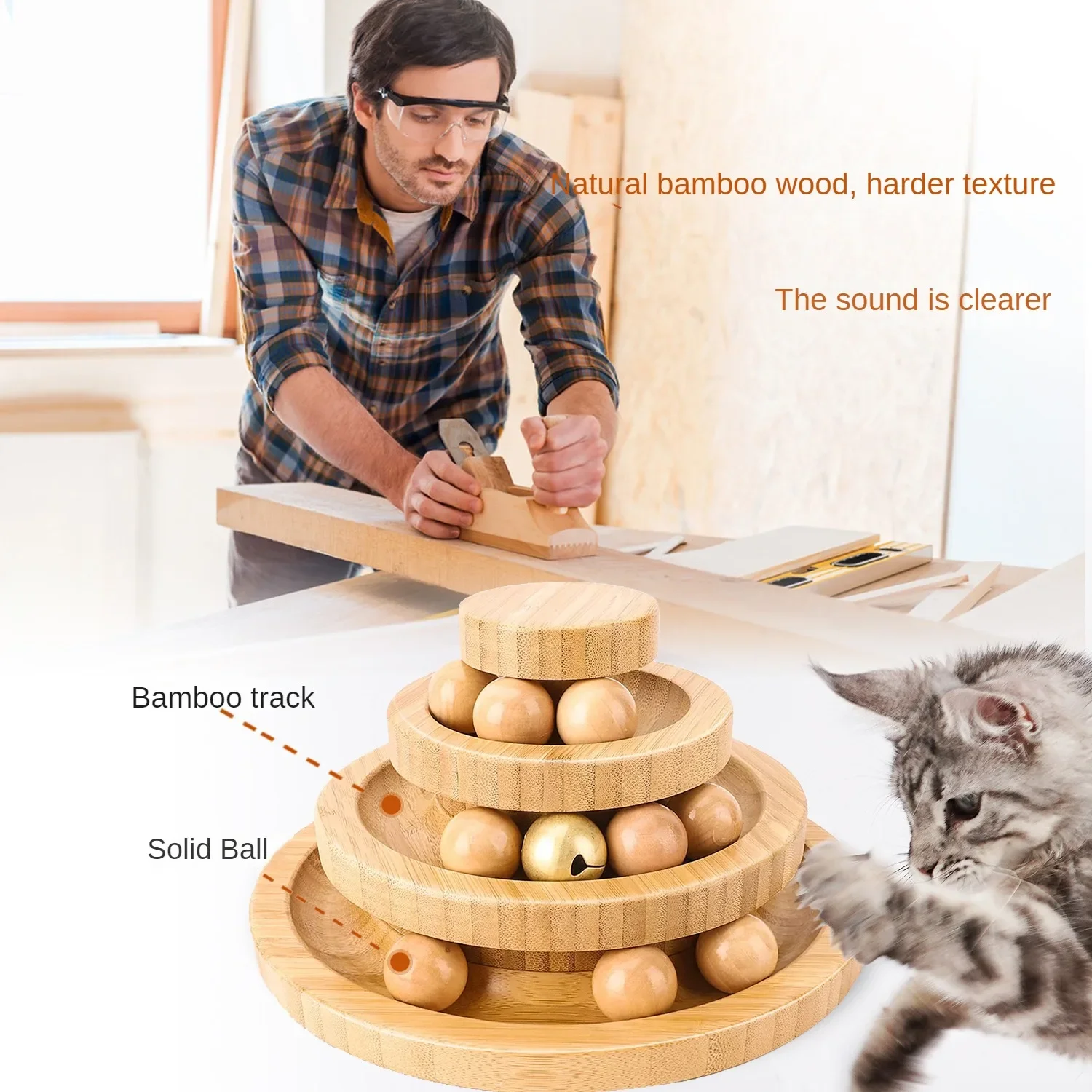 Cat Toy Self Hi Soothing Tool Cat Rotary Table Solid Wood Cat Playing Stick Bell Baby Cat Automatic Cat Play Ball Cat Supplies