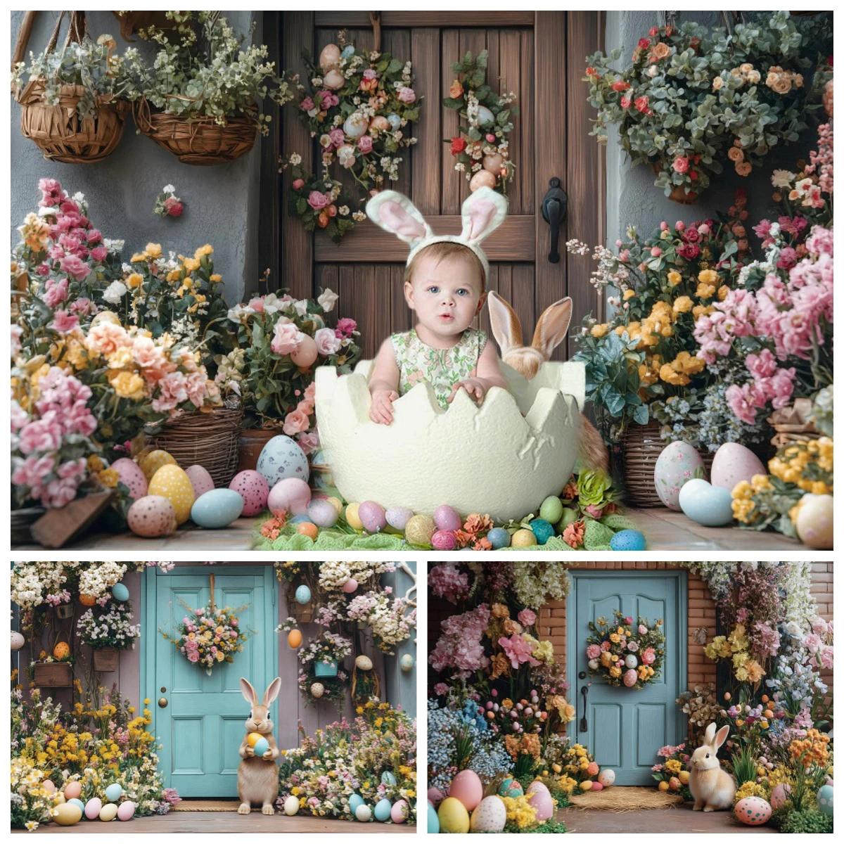 

Easter Photography Background Spring Flowers Rabbit Eggs Garden Green Grass Backdrop Banner Kids Portrait Decoration Photo Props