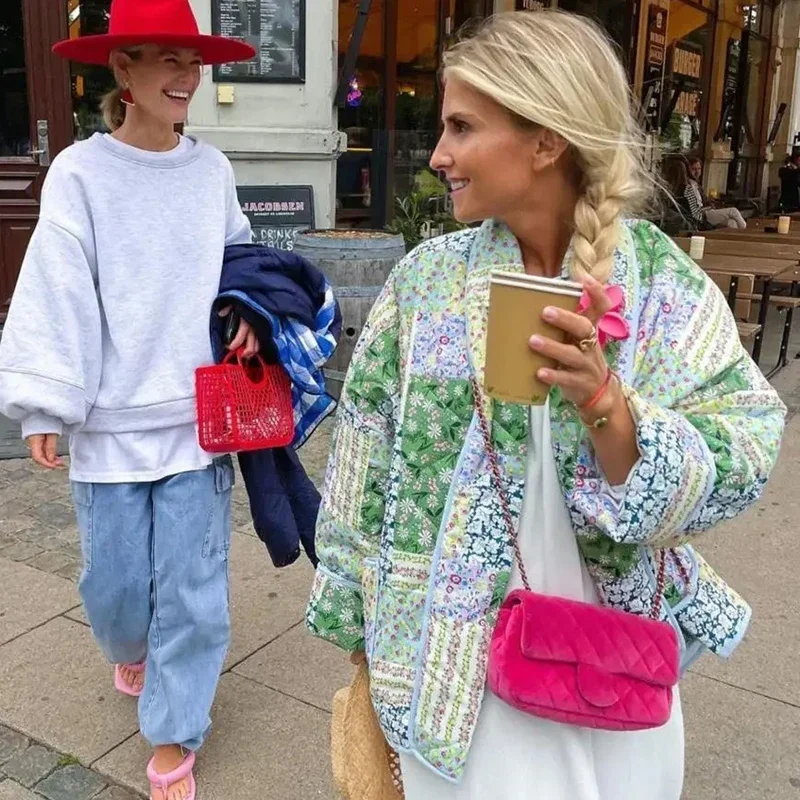 

2025 autumn/winter printed cotton thin short contrasting cotton jacket, women's top