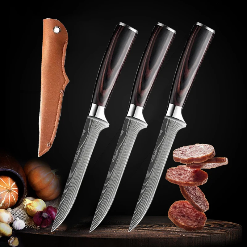 

Stainless Steel Chef Boning Knife Fish Fillet Sushi Knife Wooden Handle Laser Pattern BBQ Meat Fruit Cutting Knife