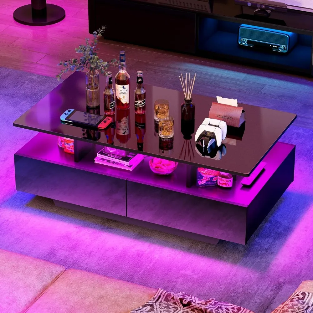 Led Salontafel Met Opslag, Hoge Glanzende Led Koffietafels Voor De Woonkamer, Met Open Displayplank & Schuifladen, Zwart