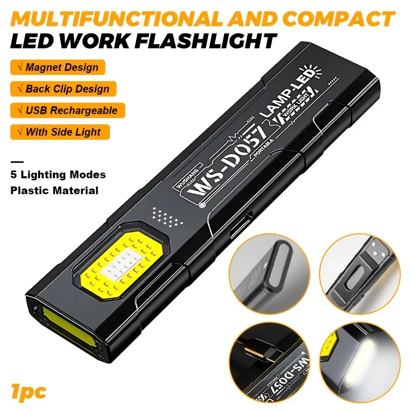 LED COB Flashlight Type C Rechargeable 600LM Portable Mini Torch Pocket Lantern Flood Work Light With Magnet For Emergency