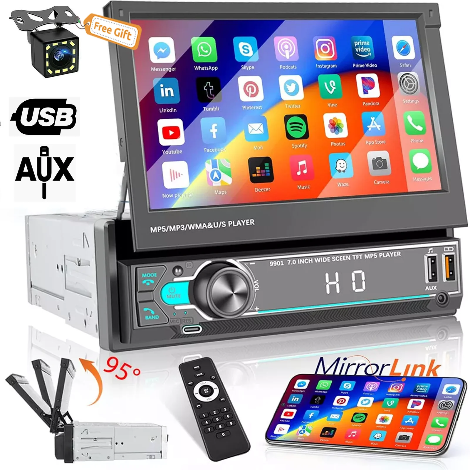 ESSGOO 7" Single 1 DIN Autoradio-Kopfeinheit Radio MP5-Player Bluetooth einziehbarer Bildschirm Multimedia-Spiegelverbindung FM USB AUX SWC