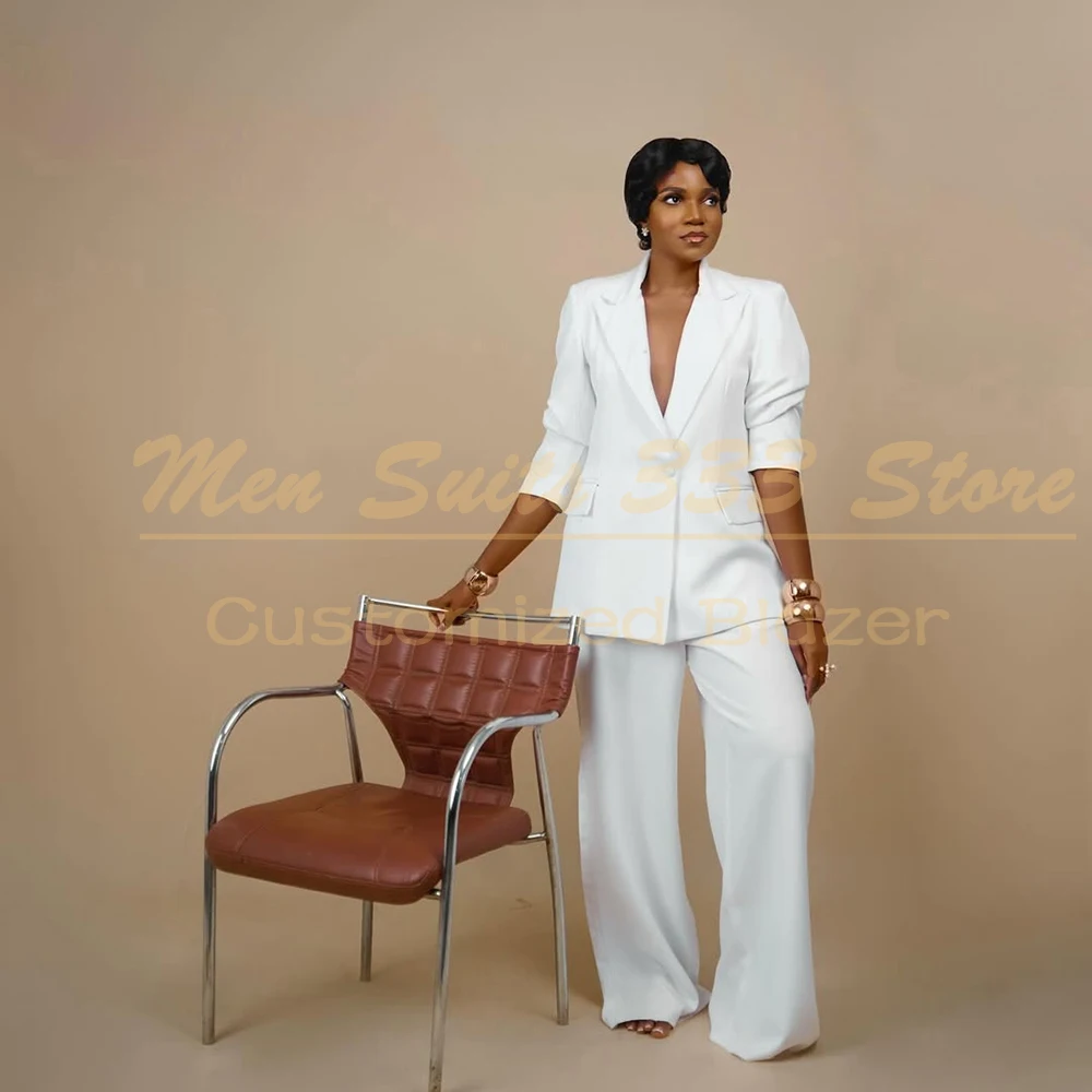 

Customzied White Women's Suits Fashion Loose Blazer High Quality Single Breasted Peak Lapel 2 Piece Jacket Pants Full Set Blazer