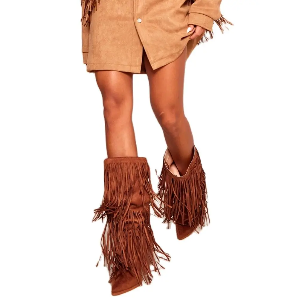 Suede Fringe Western Boots In Tan Women Block Heel Pointy Mid Calf Shoes 2023 New Trending Ladies Work Tassel Couture Boots